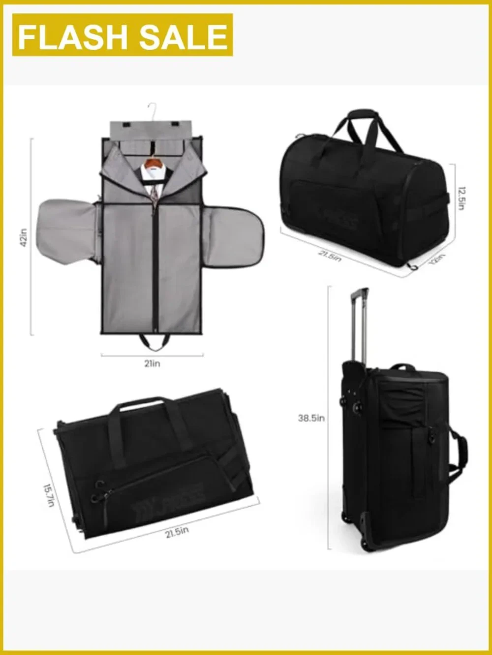 2-in-1 Rolling Garment Bag with Wheels, Lightweight Waterproof Duffel Travel Bag